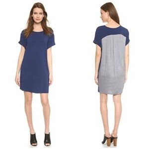 Vince Indigo Jersey Shift Dress Chambray Back Panel Modal Stretch Short Sleeve L